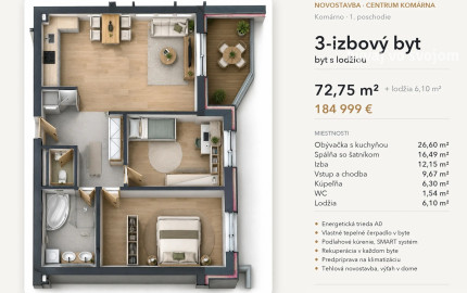 3-izbový byt s lodžiou, 1. poschodie – White Square Komárno