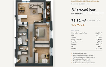 3-izbový byt s lodžiou, 2. poschodie – White Square Komárno