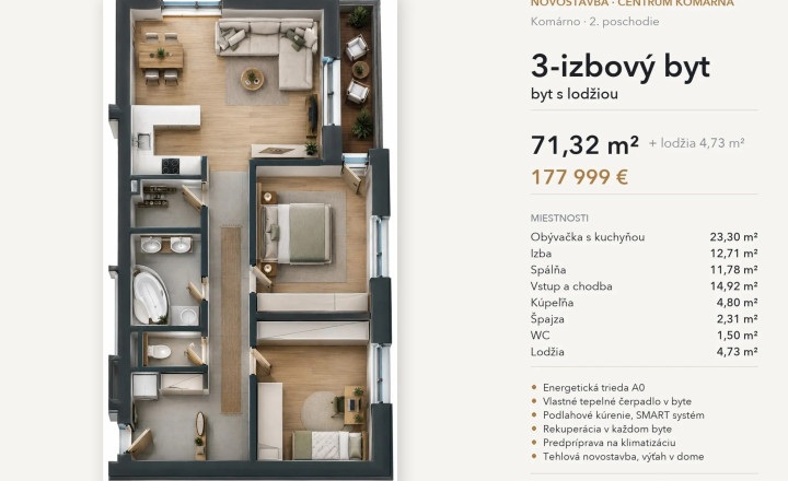 3-izbový byt s lodžiou, 2. poschodie – White Square Komárno - fotografia 9