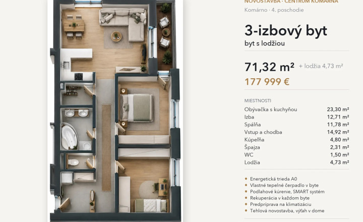 3-izbový byt s lodžiou, 4. poschodie – White Square Komárno - fotografia 10
